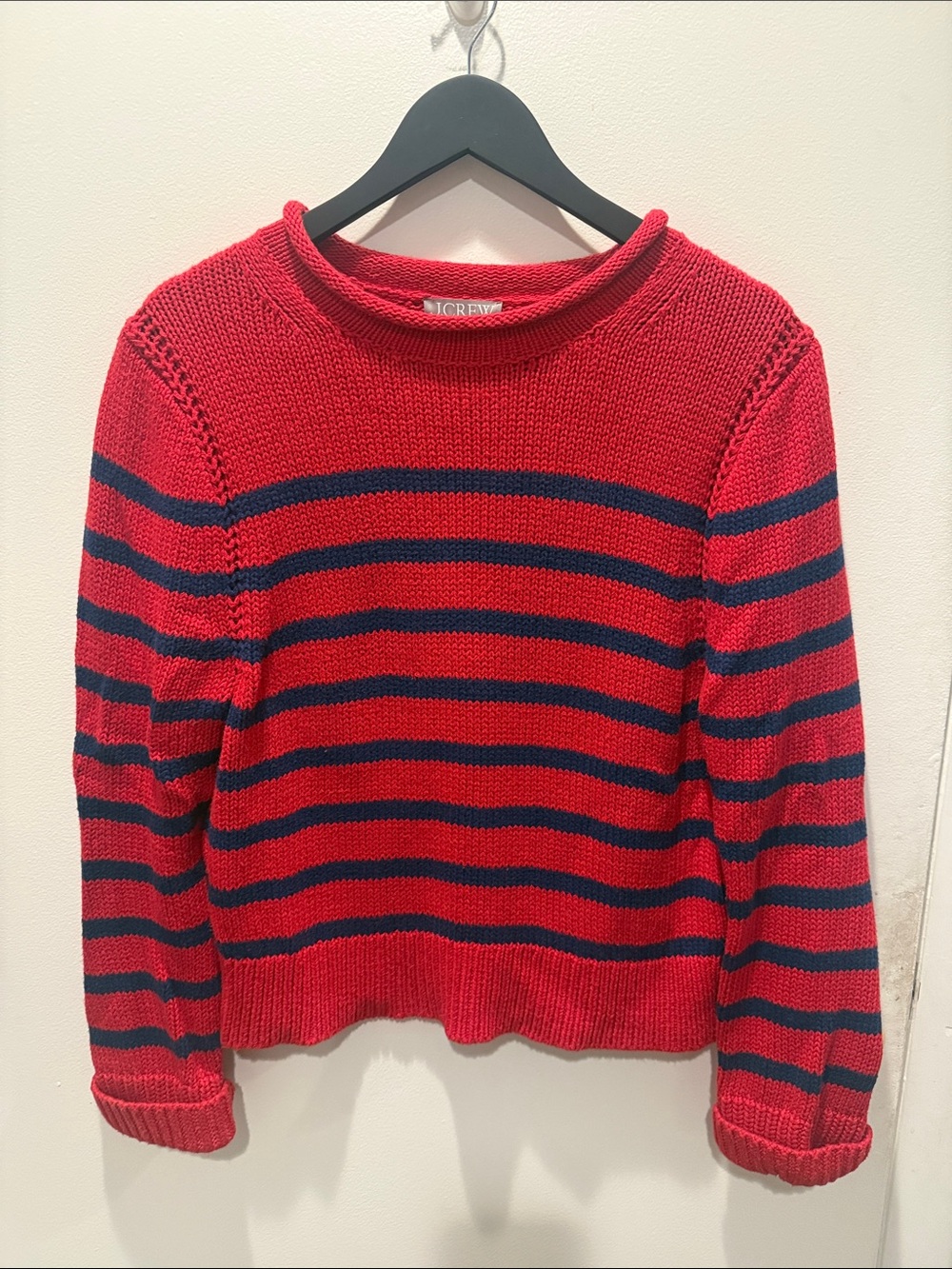 J. Crew Red with Navy Stripe Crewneck Sweater